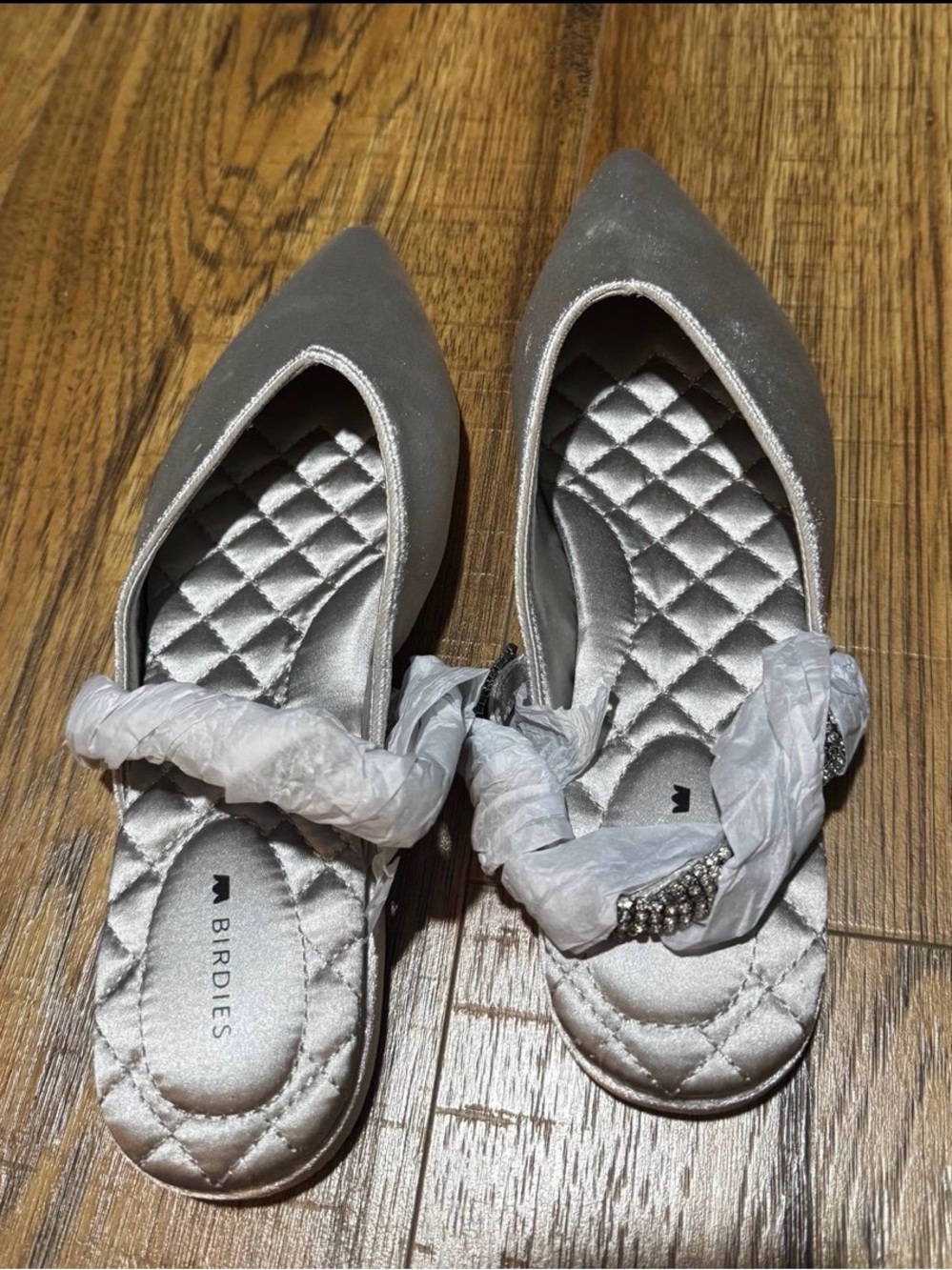 Birdies Silver Quilted Pointed-Toe Mules with Embellished Strap